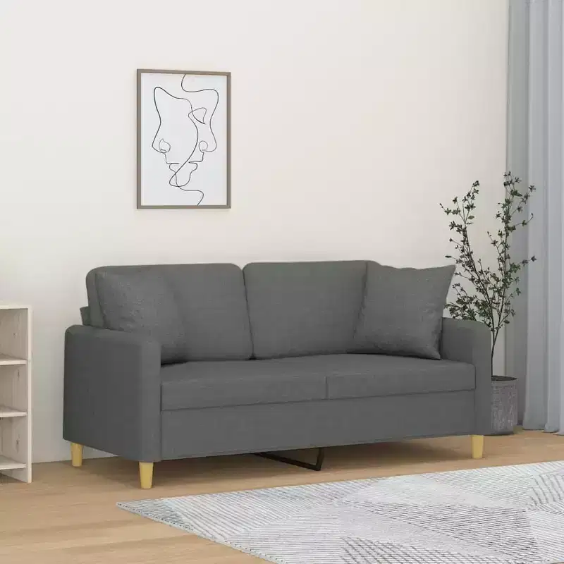 vidaXL 2-Seater Fabric Sofa with Throw Pillows-Dark Gray, Stylish Metal Frame