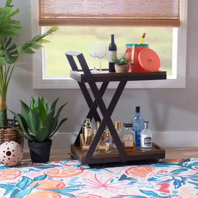 Dafred Rustic Farmhouse 4-Caster Bar Cart Dark Umber Wood and Dark Gunmetal - Powell: Indoor Serving Cart with Fixed Shelves