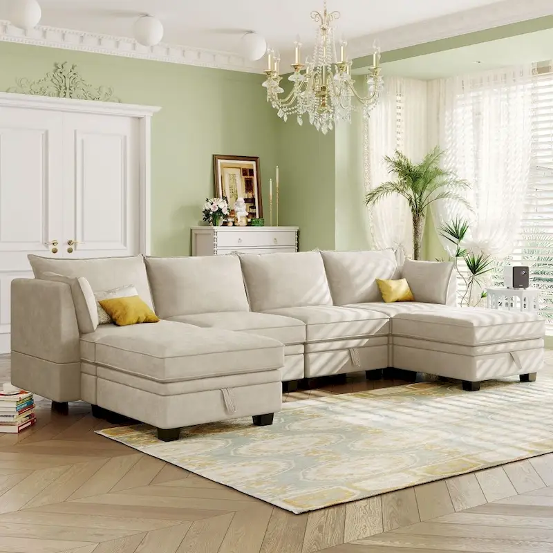 Modern Large U-Shape Modular Sectional Sofa, Convertible Sofa Bed with Reversible Chaise for Living Room, Storage Seat