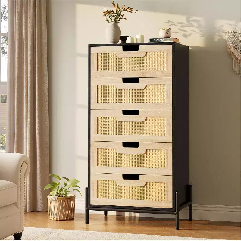 Natural Rattan 5-Drawer Dresser with Metal Legs, Modern Farmhouse Storage Cabinet