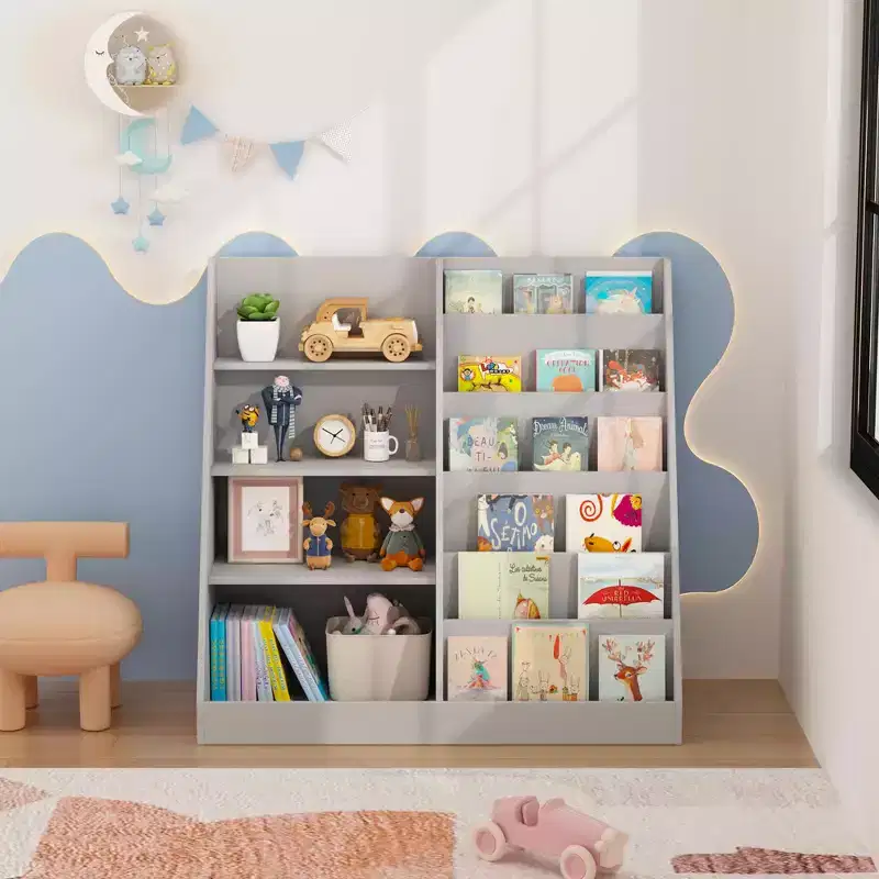 MAYEERTY Bookshelf and Toy Storage Organizer, 4 Tier Wooden Book Shelf with Bookcase Display Stand in Kids Room Playroom Gray