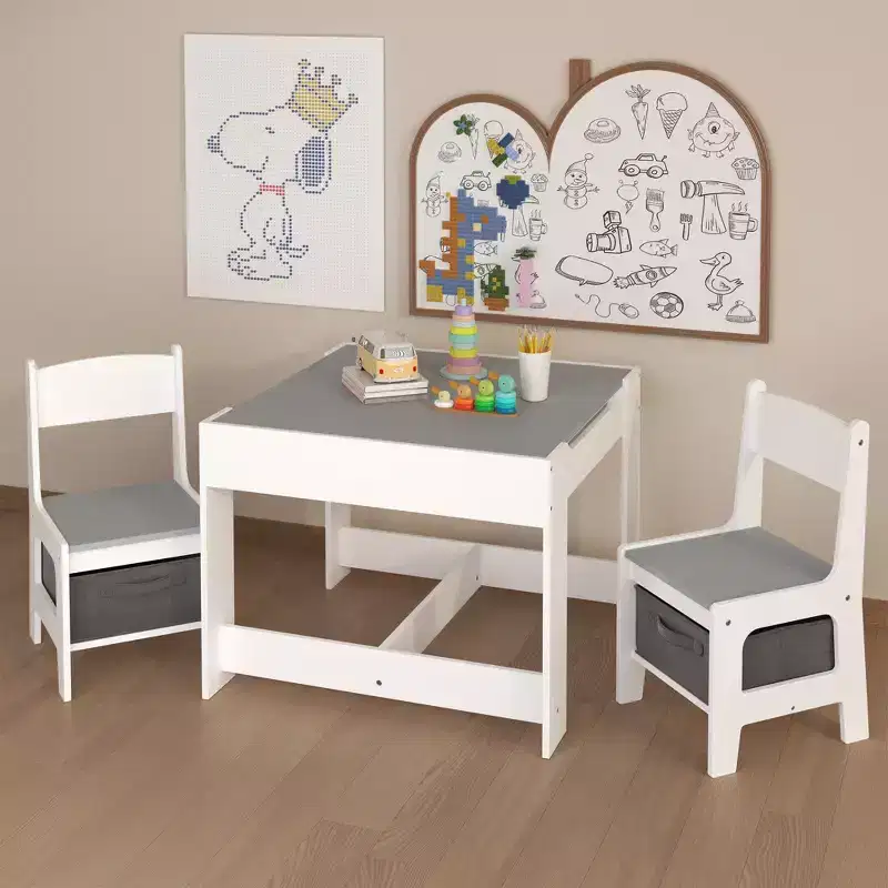 Etokfoks kids table and chair set white gray MDF 3 in 1 activity table with storage drawers for drawing reading crafts playroom