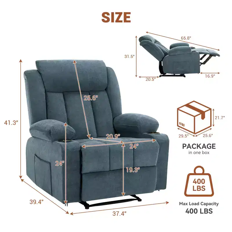 COZONY Oversized Manual Recliner Chair with Vibration Massage, Heat & Side Pockets for Living Room