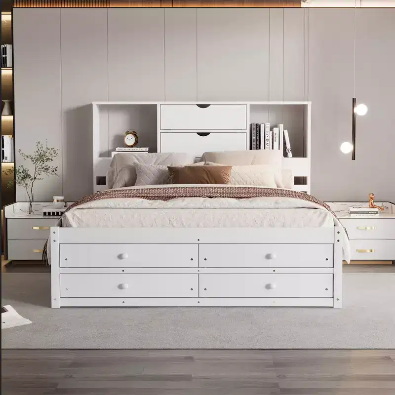 Queen Size Platform Bed with Storage Headboard, 4 Shelves and 8 Drawers, Easy Assembly