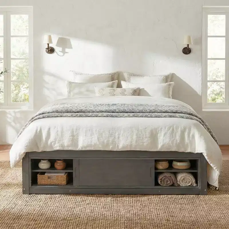 Whisen Queen Platform Bed Frame with 4 Storage Drawers and Footboard Storage