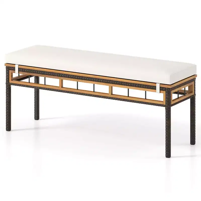 Costway 48 Wicker Patio Bench with Acacia Wood Seat Removable Padded Cushion for Garden
