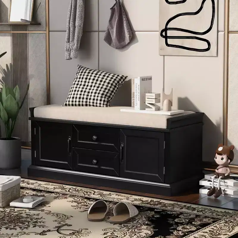 Black Storage Bench with 2 Drawers & 2 Cabinets – Cushioned Shoe Bench for 1 Person