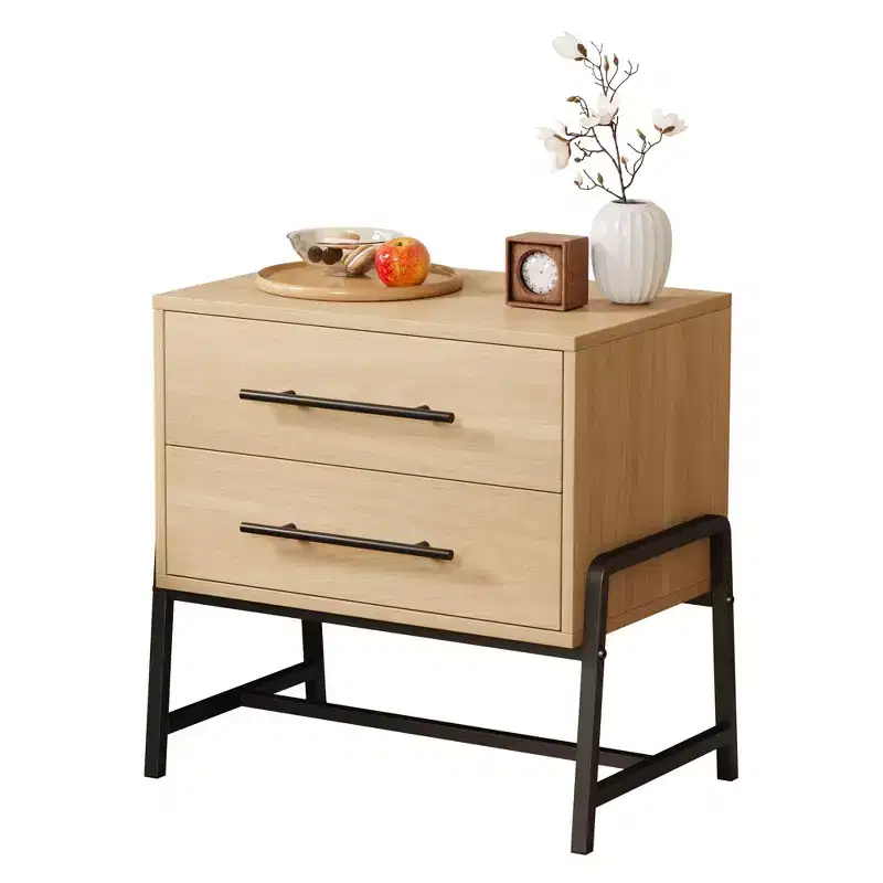 Nightstand with Drawers, Wood Bedside Table, Side Table with Metal Legs, Modern Night Stand, Bed Side Tables for Bedroom Living Room