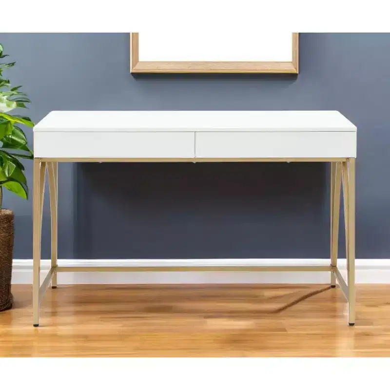 HomeRoots 50 White And Gold Wood and Steel Vanity Table With Two Drawers