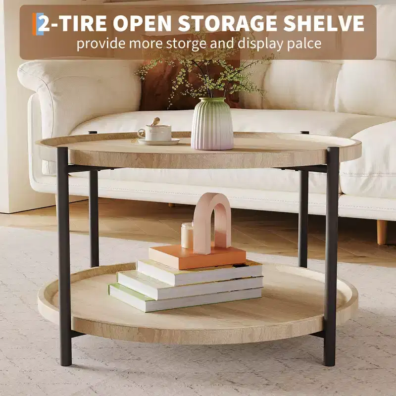 Modern Farmhouse Coffee Table, 30 Inch Round - 2-Tier Storage Shelf - Rustic Wood Top, Sturdy Metal Frame - Easy Assembly, Natural Oak