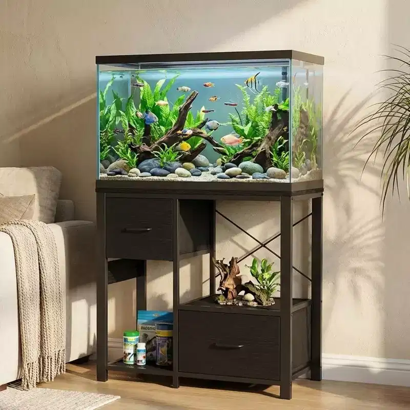 20-37 Gallon Fish Tank Stand with Power Outlets, Heavy Duty Metal and Wood Aquarium Stand with 4-Tier Open Storage Shelves and Sturdy Legs