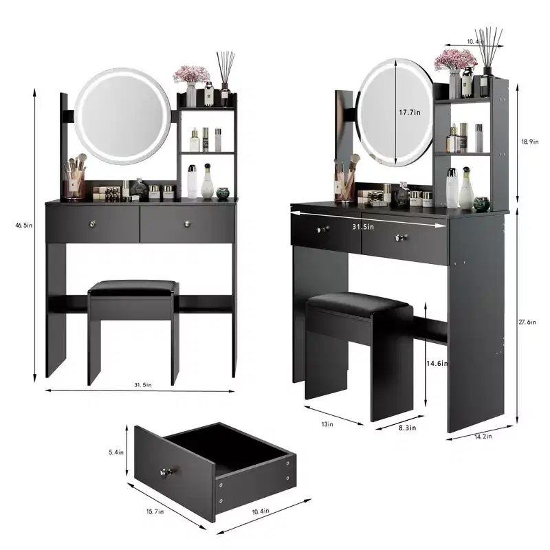 Vanity Desk with Mirror and Lights, Makeup Vanity Table Set with Power Outlets and Chair, 3 Lighting Colors, Makeup Desk with 3 Drawer