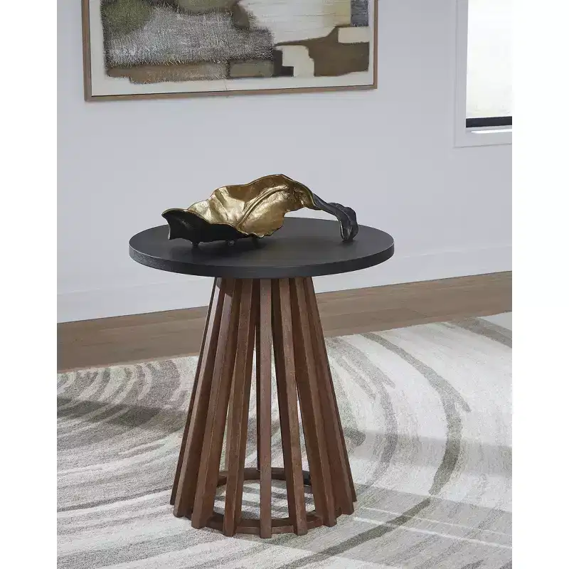 Kallari Round End Table — Two-Tone Warm Brown & Black, Mango Wood & Veneer