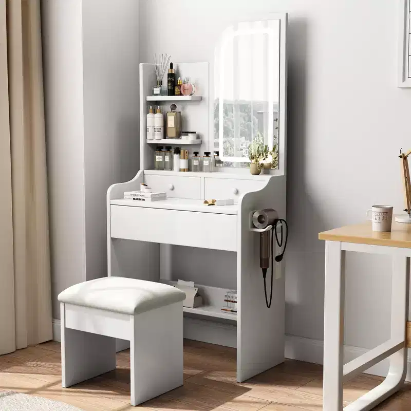 Makeup Vanity Desk Vanity Table Dressing Table with Chair, 3-Mode Lighted Mirror, Drawers & Open Shelves, White - ModernLuxe