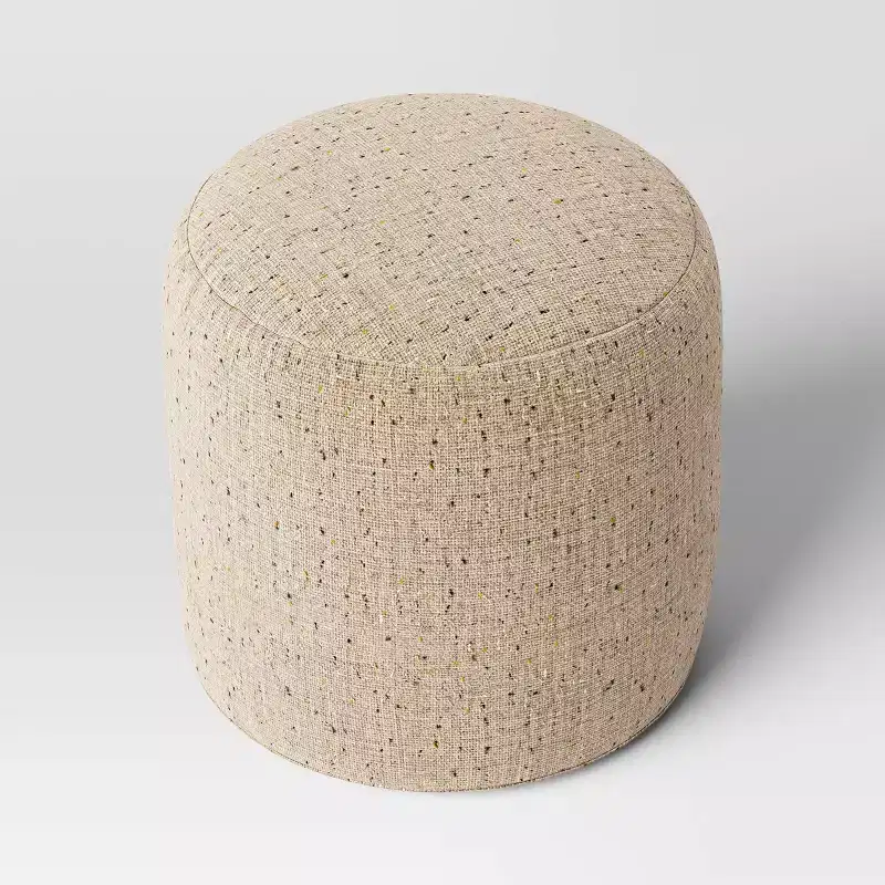 Round Speckled Pouf Ottoman, Recycled Polyester & Cotton, Polystyrene Fill, Beige, 16