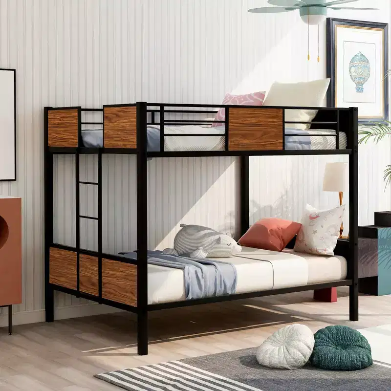 Full over Full Metal Bunk Bed with Wood Grain, Safety Rail for Kids & Adults, Brown
