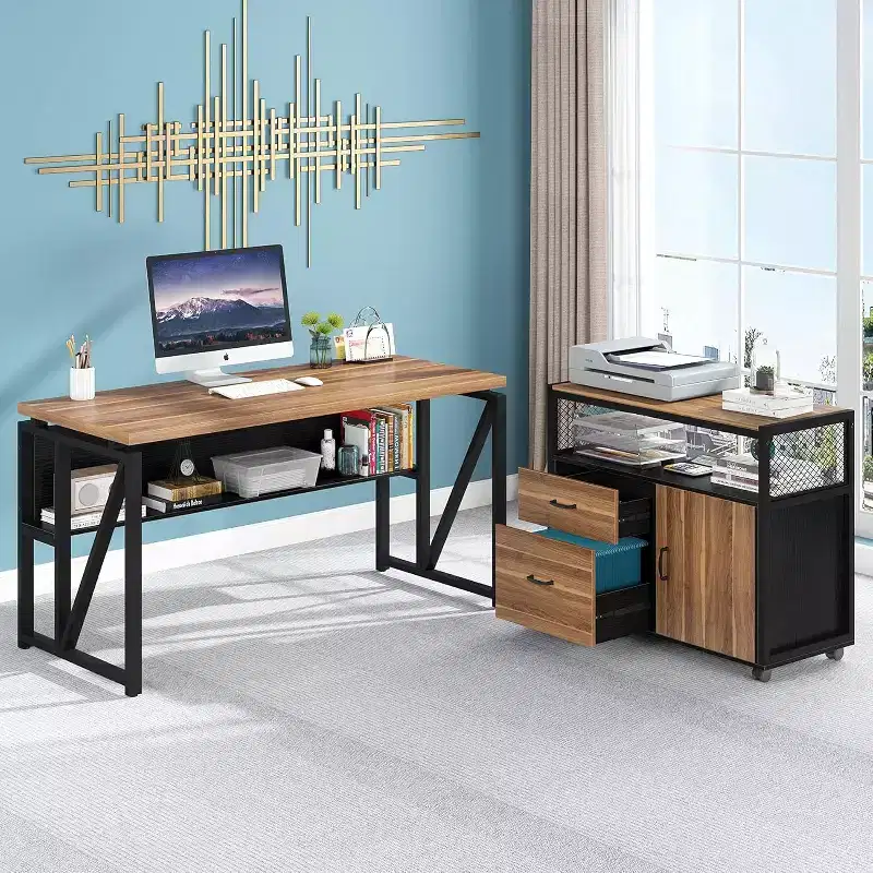 55-inch L Shaped Desk with Drawer Cabinet, Executive Computer Desk for Home Office