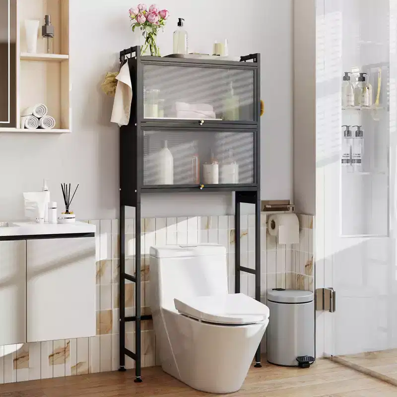 Black/White Over-Toilet Storage Cabinet with 2 Flip-up Cabinets & 4 Hooks, 1-Person Use