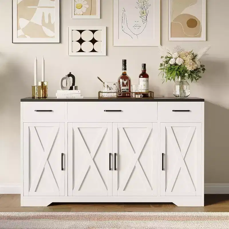 55Inch Large Sideboard Buffet Storage Cabinet, with 3-Drawer and 4 Doors, Buffet cabinets, Farmhouse Coffee Bar Cabinet