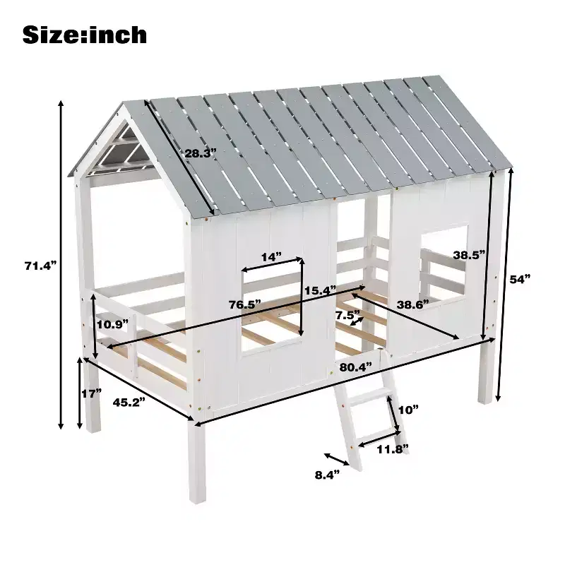 Twin Size Low Loft Bed, Wooden House Bed with Roof, Two Front Windows and Guardrail, White