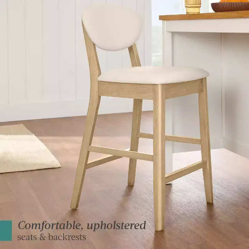 2-Piece Mid-Century Modern Wood and Upholstered Counter Height Bar Stool Set