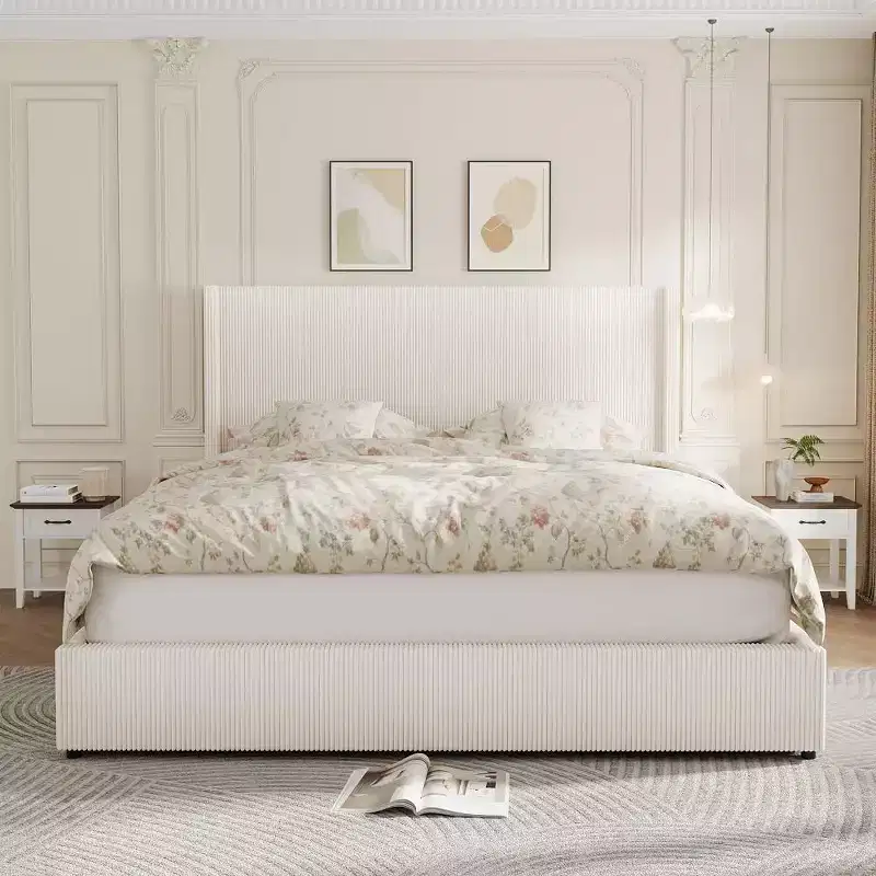 Acekool Corduroy Upholstered Storage Bed with Drawers, Modern Platform Bed Frame