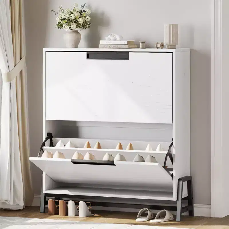 2-Drawer Flip-Down Shoe Cabinet - Hidden Storage Organizer with Adjustable Shelves for Entryway, Hallway, and Living Room