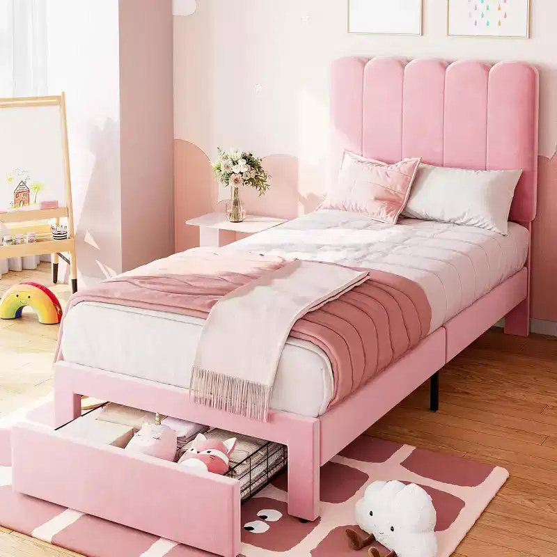 Twin Platform Bed Frame with Storage Drawer, Upholstered Headboard & Strong Wooden Slats