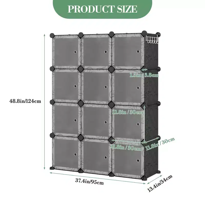 Space-Saving Modular Shoe Storage Cabinet 12-Cube Stackable Organizer with Doors, 4-Tier Portable Stackable Shoe Cabinet, For Bedroom, Living Room