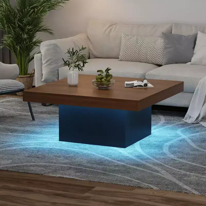Square Coffee Table, 16-Color LED Living Room Tables, Modern Coffee Tables, Cocktail Table for Home Office, Apartment, Reading Room, Easy Assembly