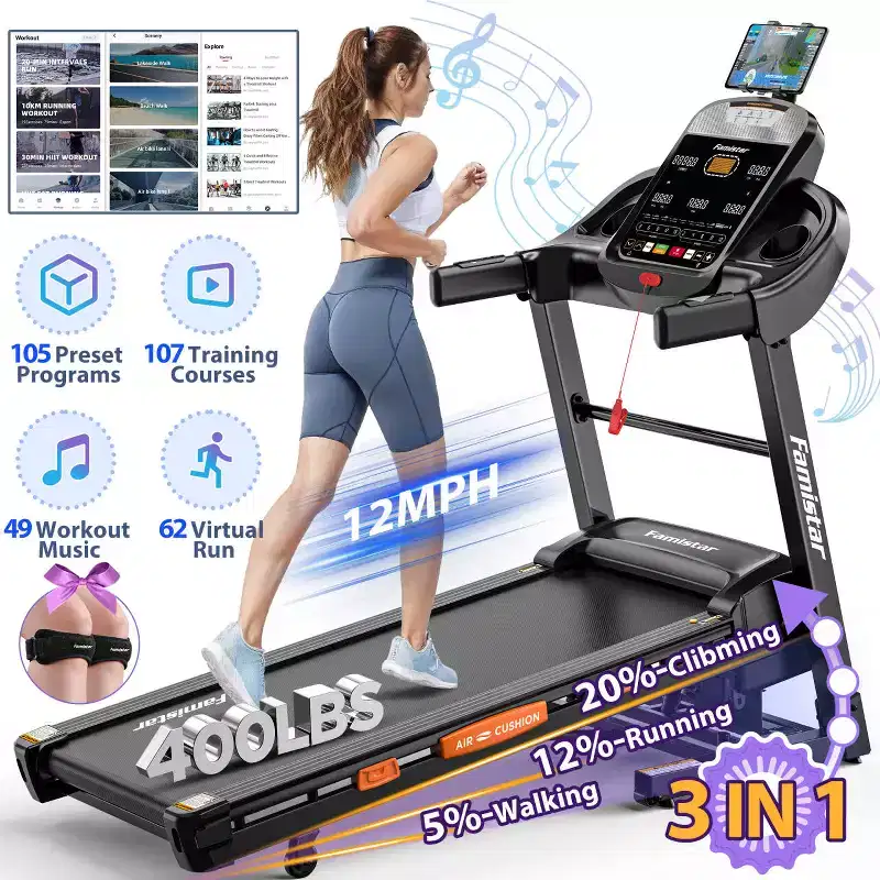 20% Auto Incline Treadmill,5.1HP Folding Treadmill 400lb Capacity,105 Program,12MPH Speed, APP Control for Personalized Workout, Jogging Walking Home