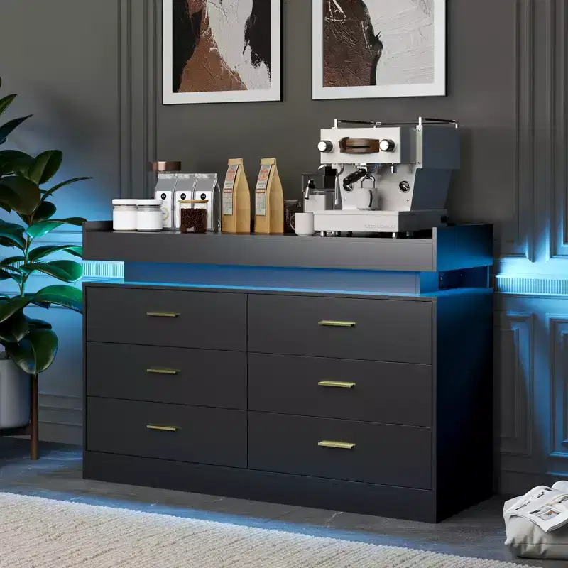 6 Drawer Dresser, Chest of Drawers for Closet with Floating LED Lights & Charging Station, Drawer Cabinet for Bedroom, Living Room, 47.24w