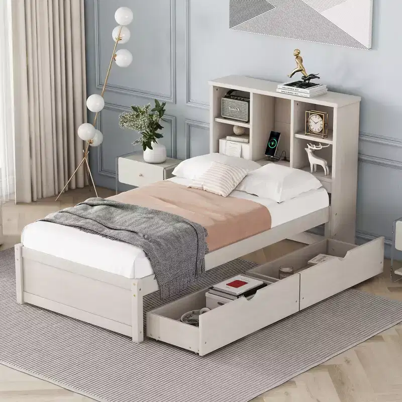 Twin Size Bed Frame with Bookcase Headboard, USB Port and 2 Drawers, Modern Storage Bed, White Washed