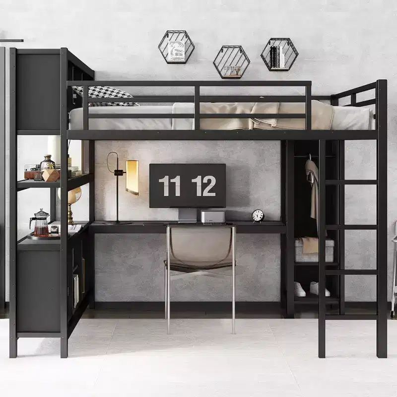 Full/Queen Size Metal Loft Bed with Wardrobe and L-Shaped Desk, Heavy-Duty Loft Bed with Storage Cubes and Shelves, White/Black - ModernLuxe