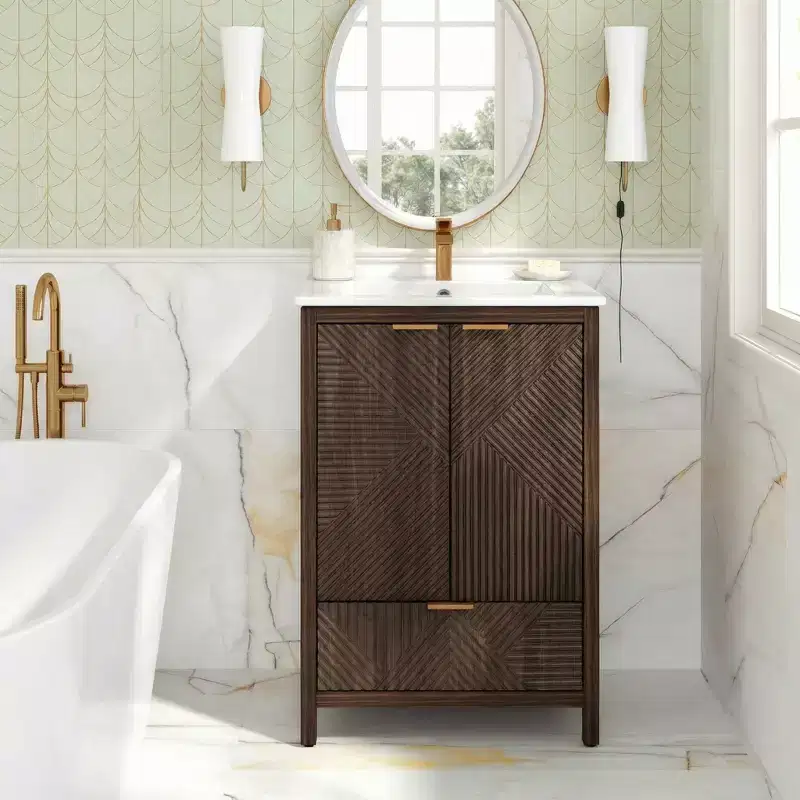 24 Brown Bathroom Vanity with Sink Combo, Textured Doors & Drawer, Pine Legs