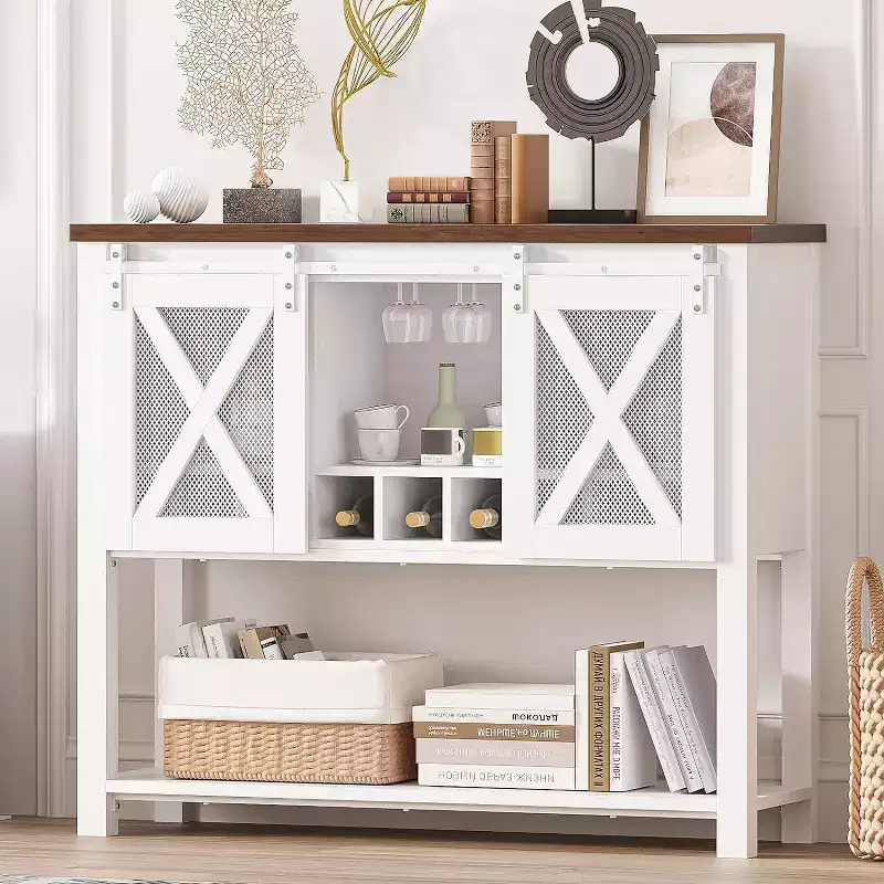 Farmhouse Bar Cabinet with Wine Glass Rack - Buffet Sideboard with Barn Door