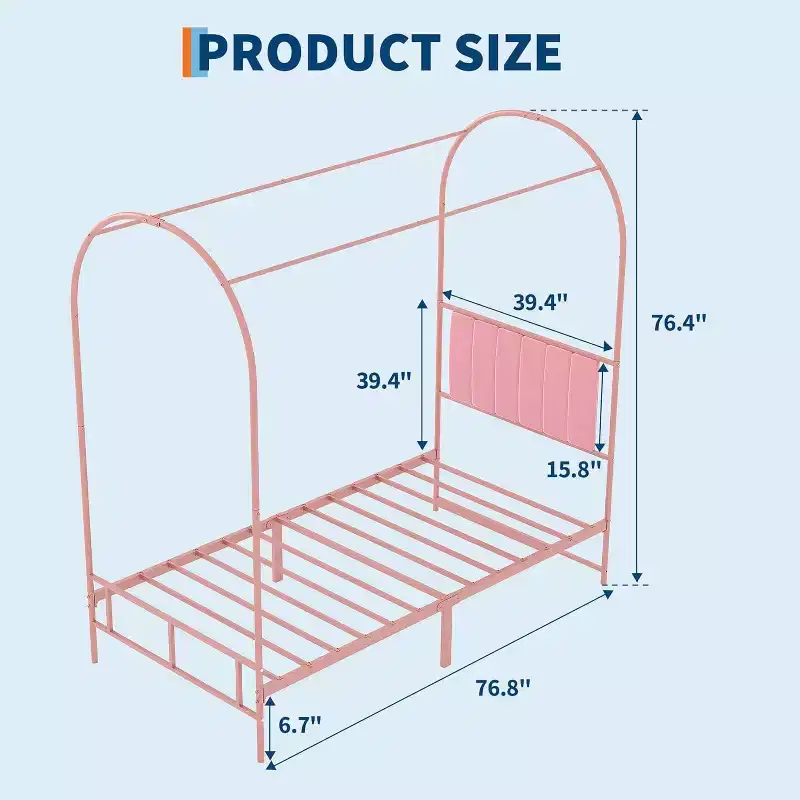 COZONY Twin Bed Frame with Upholstered Headboard, Metal Platform Bed with Arched Design and Under-Bed Storage, No Box Spring Needed