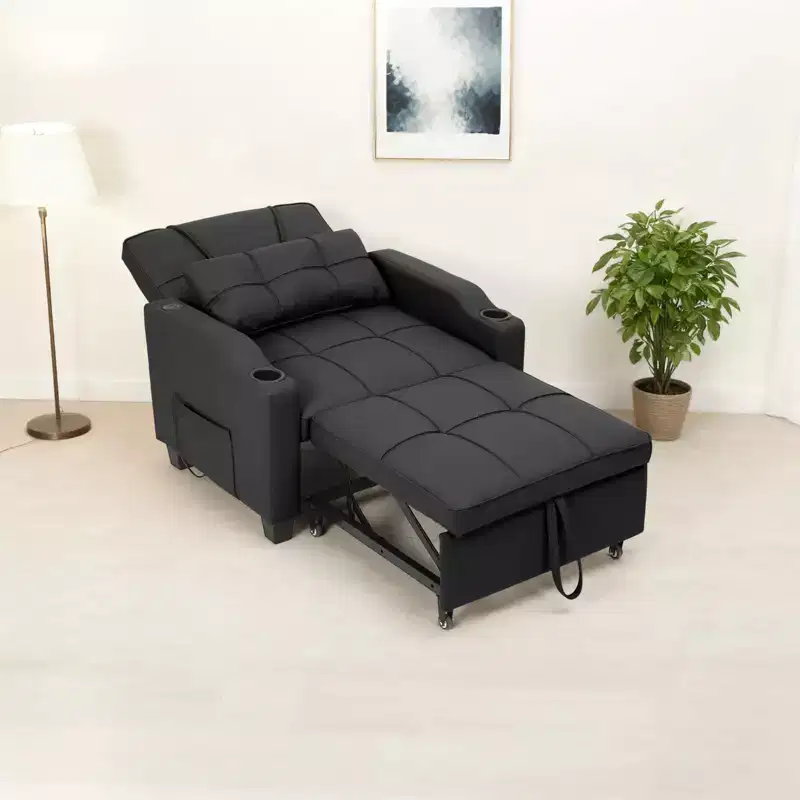 Convertible Reclining Sofa Bed with Vibration Massage Lumbar Pillow, Multi-Function PU Leather Sofa Chair, Chaise Lounge