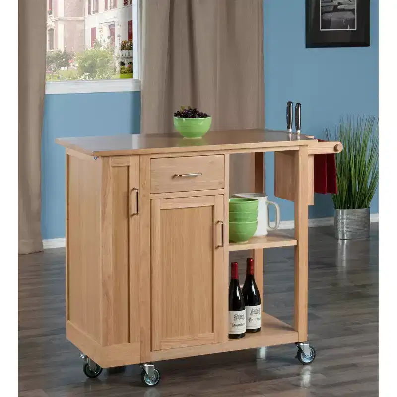 Mobile Kitchen Cart, Natural Wood, Mobile Island with Storage, Towel Holder & Casters