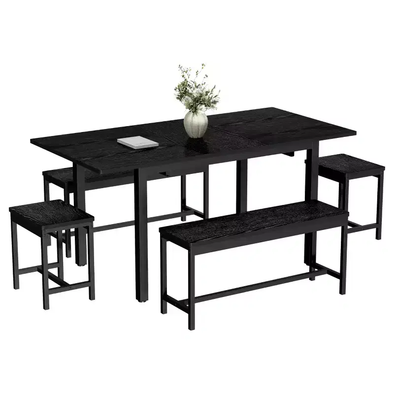 TROPOW Extendable Dining Table Set for 6-8 People, Farmhouse Style Wooden Table with 2 Benches and 2 Stools