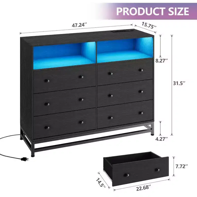 47Wood Dressers For Bedroom with 6 Drawer, Wooden Dresser With Led Lights and Power Outlet