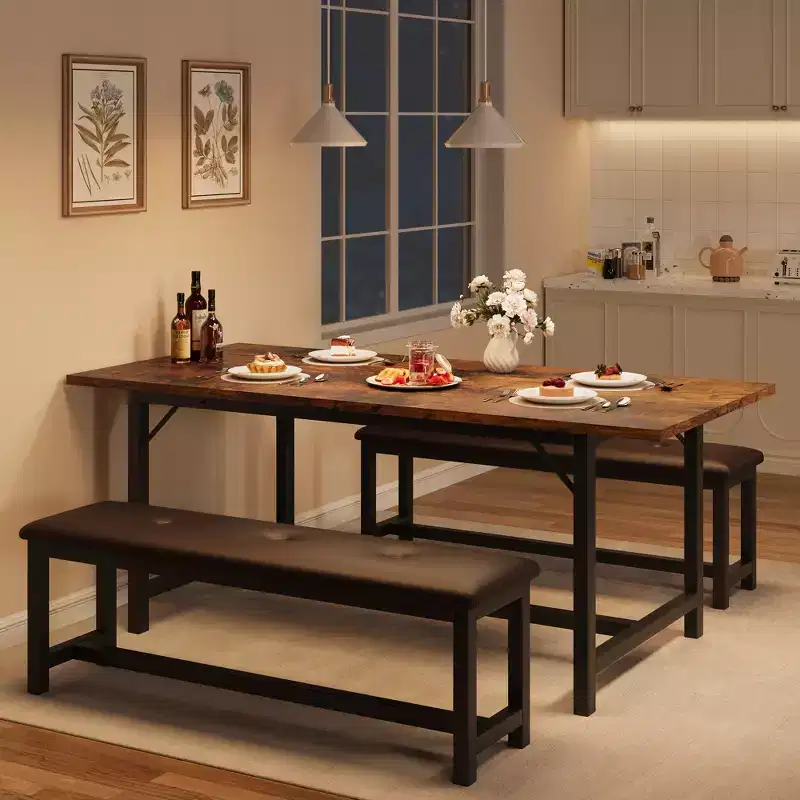 Garvee Extendable Dining Table Set for 4-6, Large Rectangle Table with 2 Upholstered Benches, Extendable Kitchen Table Set for Apartment, Small Space
