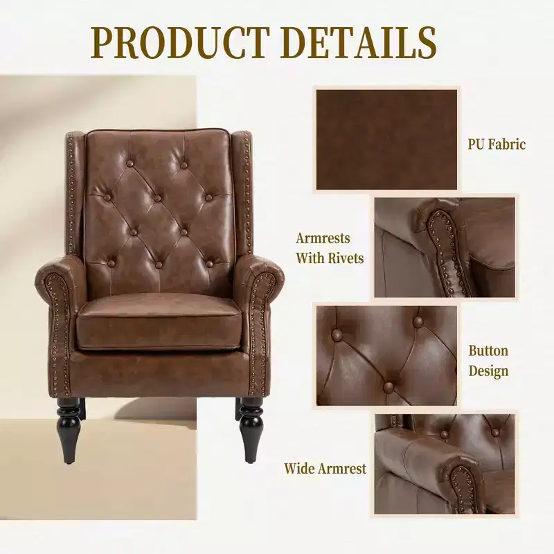 Wood Frame Armchair, Sturdy Wood Legs, Living Room Bedroom, Black PU