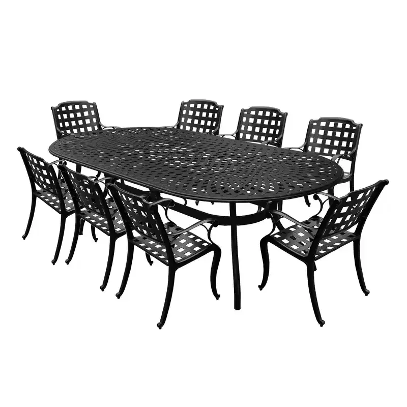9pc Outdoor Dining Set with 95" Modern Mesh Lattice Aluminum Oval Table & Checker Arm Chairs - Oakland Living