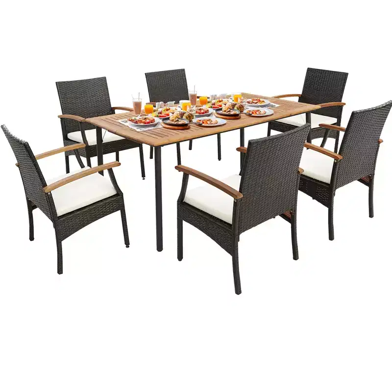 Costway 7PCS Patio Dining Set Cushion Acacia Wood Armrests Table with Umbrella Hole