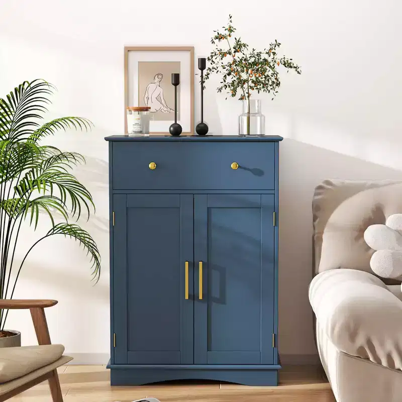Bathroom Floor Cabinet Modern Storage Cabinet with Large Pull-out Drawer, 2 Doors Black/Blue/Gray/White/Black+White