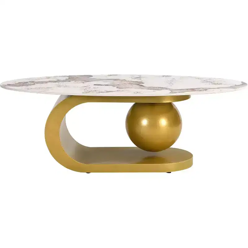 Mid-Century Modern Oval Coffee TableMarble-Pattern Sintered Stone Top, Gold Stainless Steel Base, Center End Table for Living Room