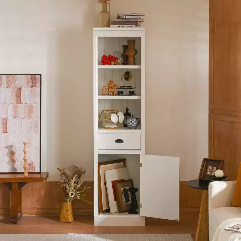 75 Tall Freestanding Bookshelf, 5 Tier Wooden Bookcase with Open Shelves & Cabinet, Wooden Organizer Pantry, Display Storage Cabinet for Office
