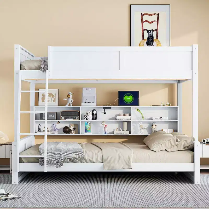 Twin XL/Full XL Over Queen Bunk Bed with Storage Cabinets and USB Ports, Sturdy Pine Wood Construction - ModernLuxe