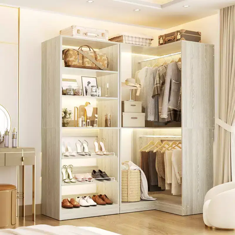 Besiost Corner Closet Organizer with 2 Hanging Rods, Walk-In Closet System with Shoe Rack
